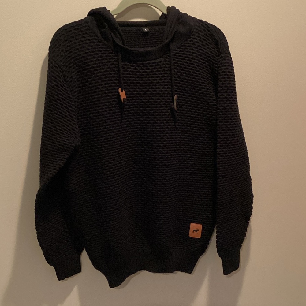 Men's Black Knit Hooded Sweater - Picture 1 of 7